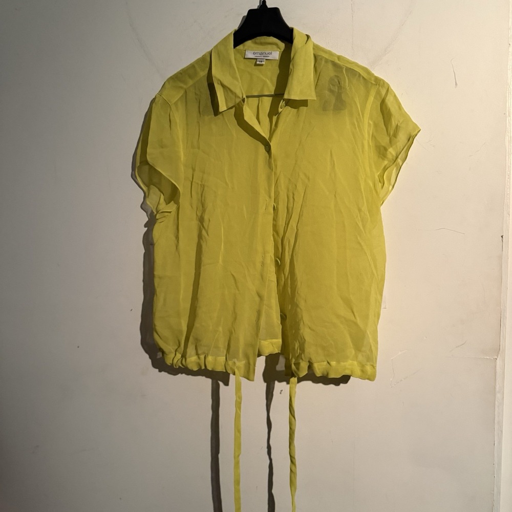 Emanuel Ungaro Size 14 Silk Top Button Down Chartreuse Drawstring Hem Gauzy